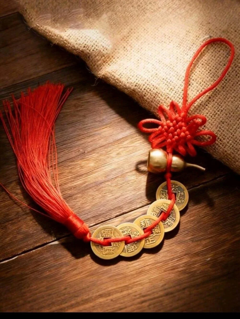 4 Chinese Feng Shui 5 Coin Hanging Charm Pendant w/Gourd & Red Tassel